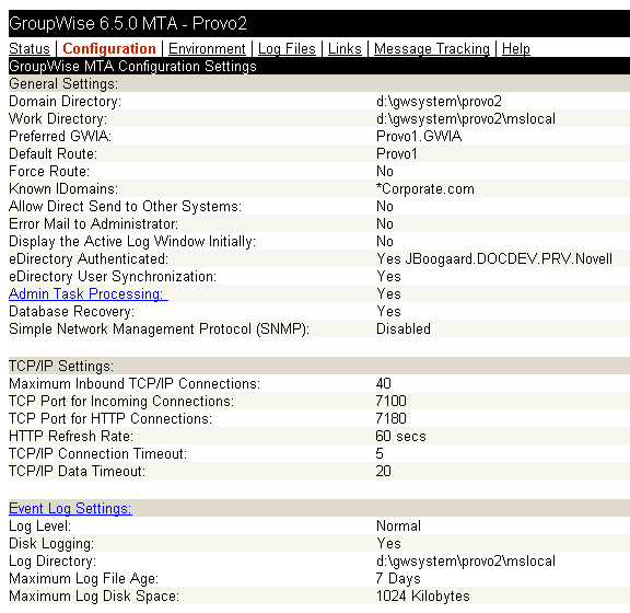 MTA Web console with the Configuration page displayed