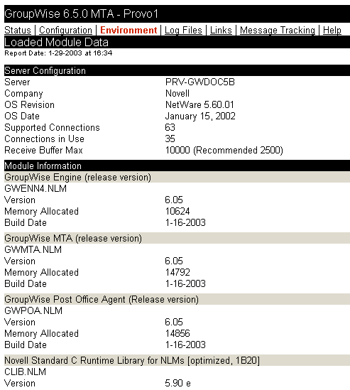 MTA Web console with the Environment page displayed for a NetWare server