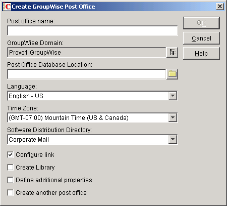 Create GroupWise Post Office dialog box