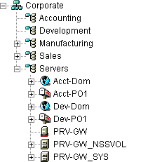 A GroupWise system with the domains and post offices grouped with the servers