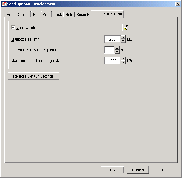 Disk Space Management dialog box