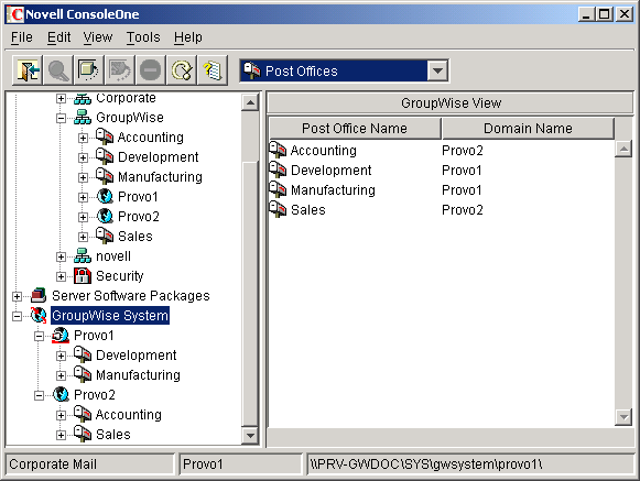 GroupWise View showing post offices in relationship to domains