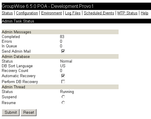 POA Web console with the Admin Task Status page displayed