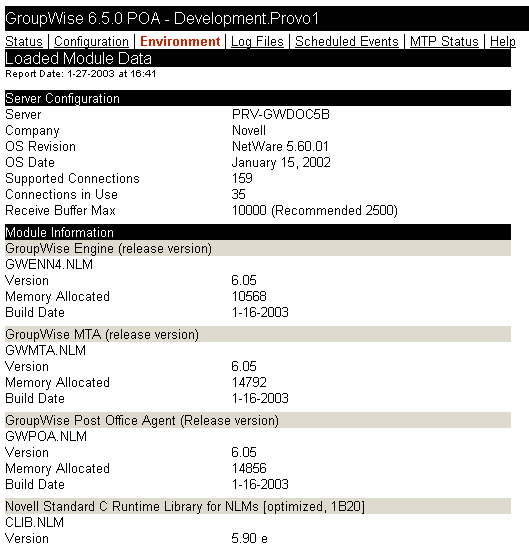 POA Web console with the Environment page displayed for a NetWare server