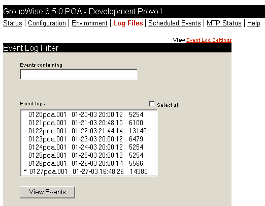 POA Web console with the Log Files page displayed