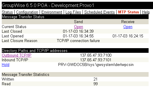 POA Web console with the MTP Status page displayed