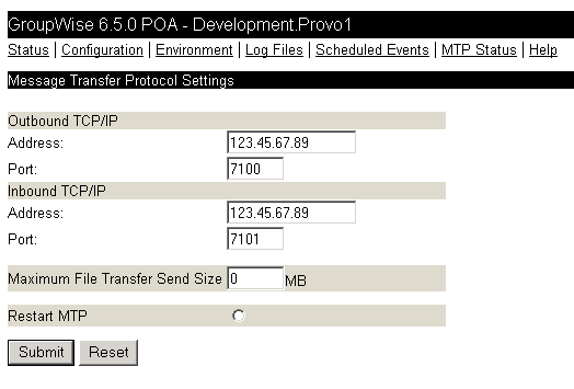 POA Web console with the Message Transfer Protocol Settings page displayed