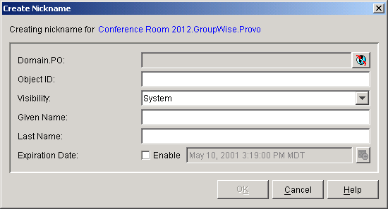 Create Nickname dialog box