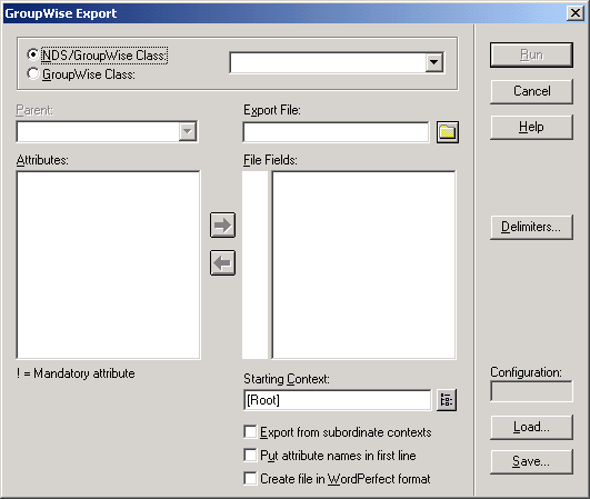 GroupWise Export dialog box