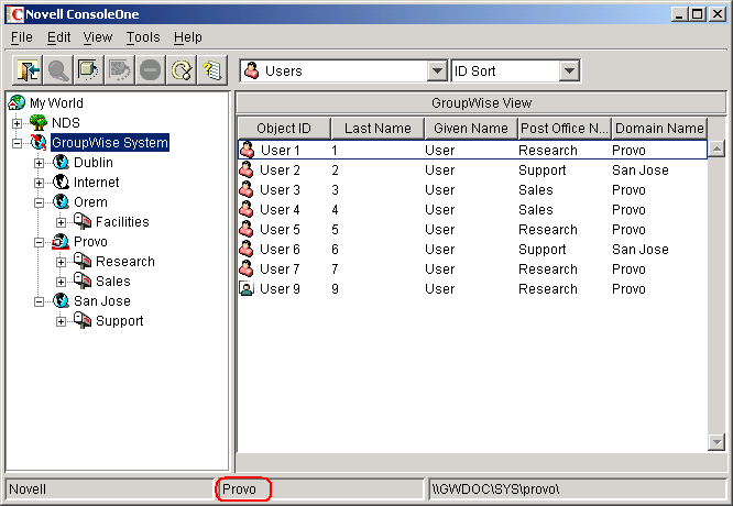 ConsoleOne window showing the domain you are connected to