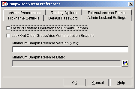 GroupWise System Preferences dialog box with the Admin Lockout Settings tab displayed