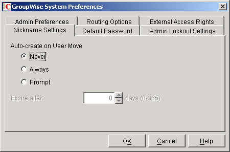 GroupWise System Preferences dialog box with the Nickname Settings tab displayed