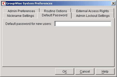 GroupWise System Preferences dialog box with the Default Password tab displayed