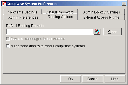 GroupWise System Preferences dialog box with the Routing Options tab displayed