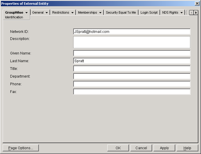 GroupWise Identification property page