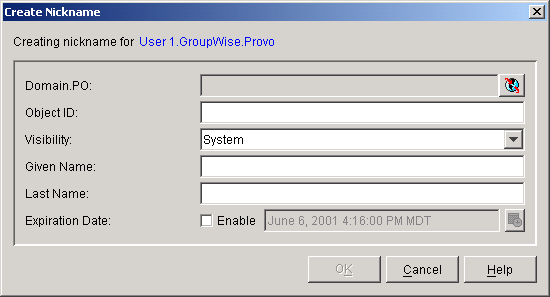 Create Nickname dialog box