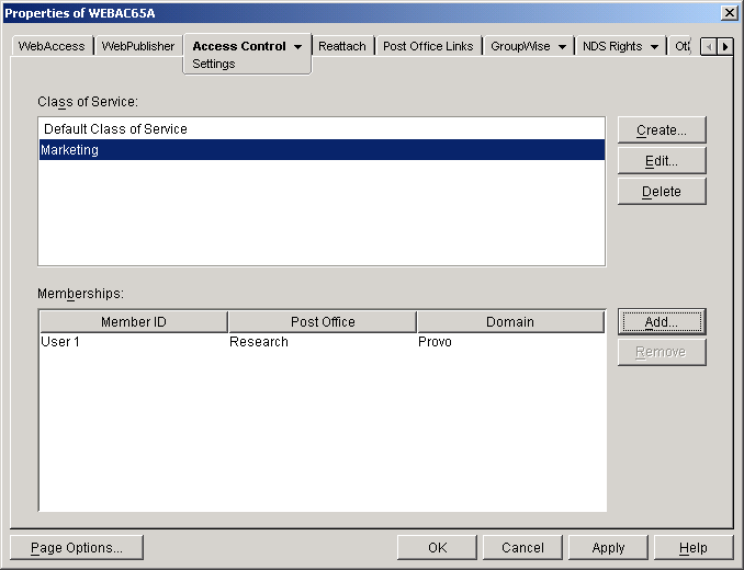 Access Control Settings property page with the new class of service and its members displayed in the list