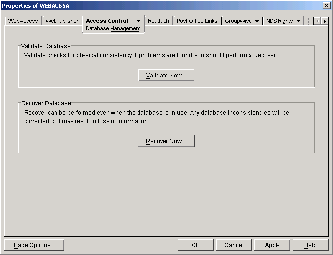 Database Management property page