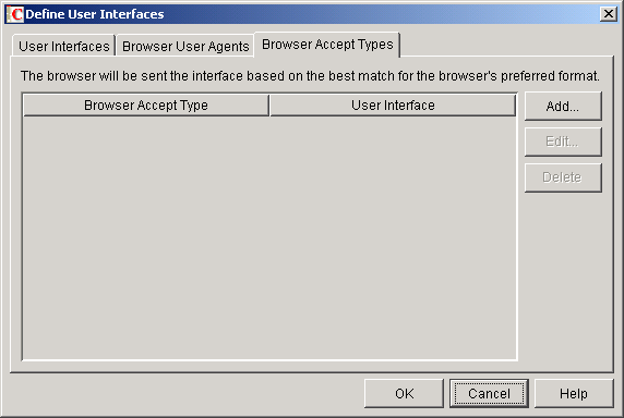 Define User Interfaces dialog box with the Browser Accept Types tab displayed