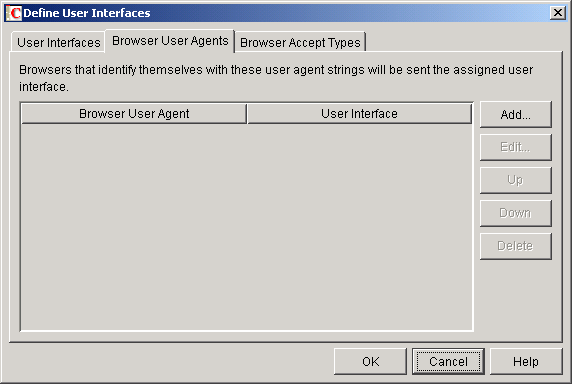 Define User Interfaces dialog box with the Browser User Agents tab displayed