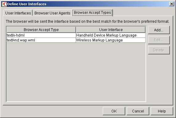 Define User Interfaces dialog box with the Browser Accept Type tab displayed