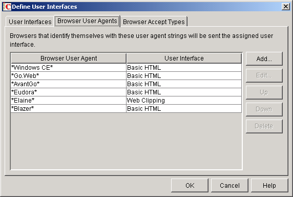 Define User Interfaces dialog box with the Browser User Agents tab displayed