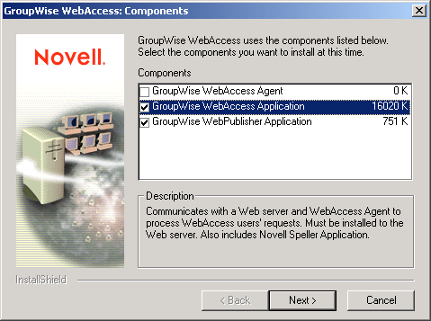 GroupWise WebAccess: Components dialog box