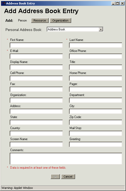 Add Address Book Entry dialog box