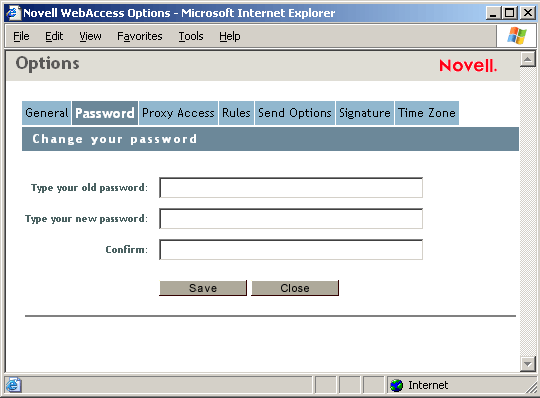 Options view with Password selected