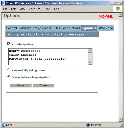 Options view with Signature selected