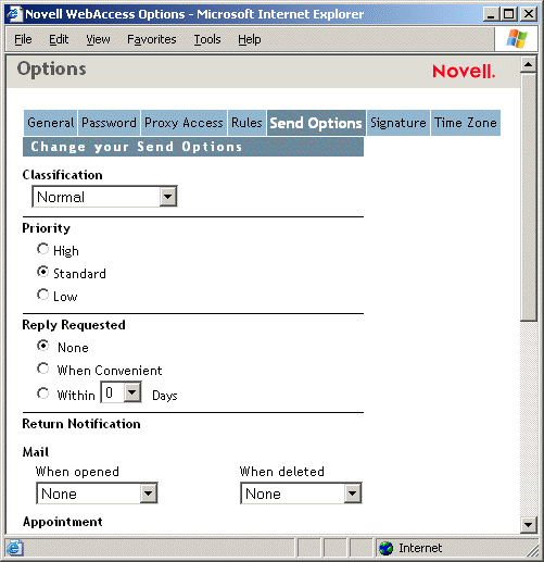 Options view with Send Options selected (top)