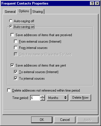 Frequent Contacts Properties dialog box with the Options tab open