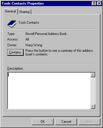 Properties dialog box for an address book, General tab open