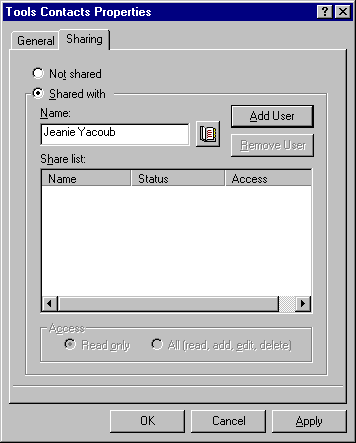 Properties dialog box for an address book, Sharing tab open