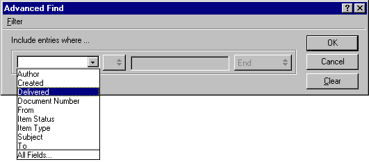 Advanced Find dialog box