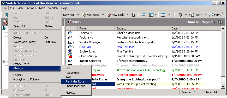 Mailbox view showing the Change To submenu of the Edit menu