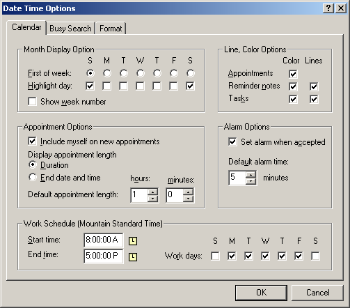 Date Time Options dialog box with the Calendar tab open