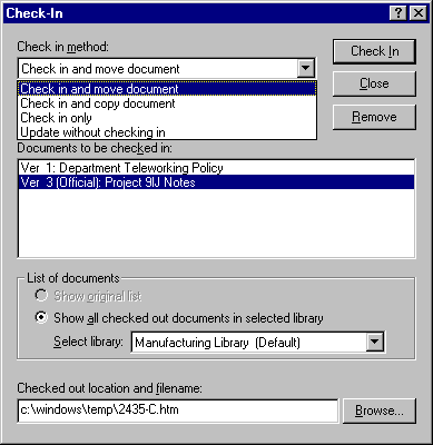 Check-In dialog box with Check In and Move Document selected on the drop-down list