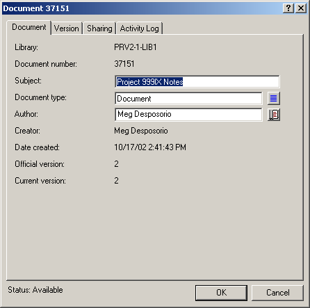 Documents Properties dialog box