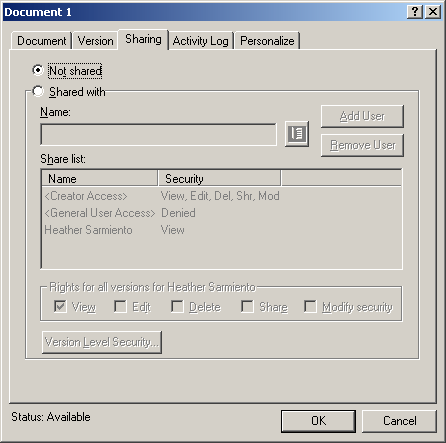 Document Properties dialog box with the Sharing tab open