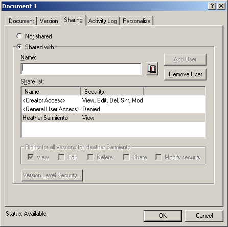 Document Properties dialog box with the Sharing tab open