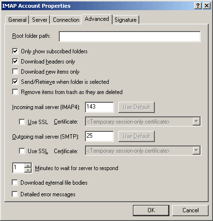 IMAP Account Properties dialog box with the Advanced tab open