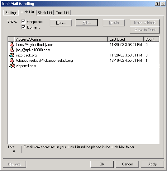 Junk Mail Handling dialog box showing the Junk List tab