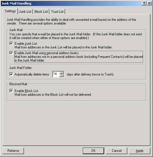 Junk Mail Handling dialog box showing the Settings tab