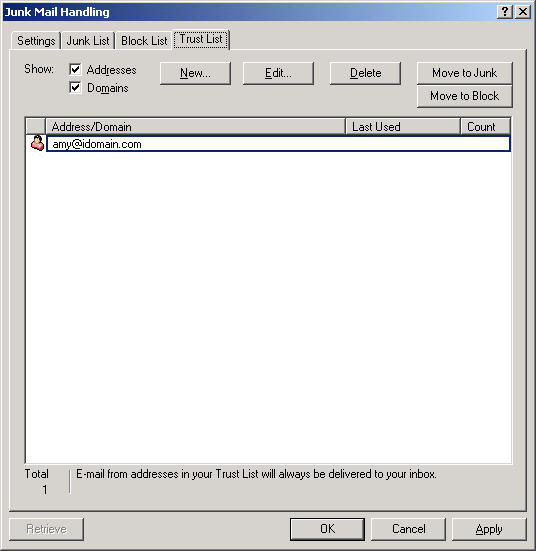 Junk Mail Handling dialog box showing the Trust List tab