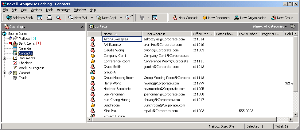 Main Window showing Contacts folder