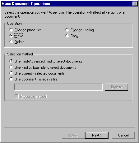 Mass Document Operations dialog box