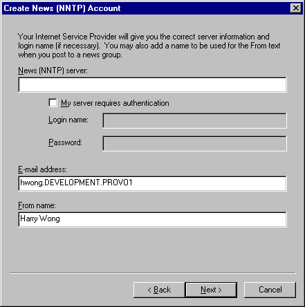 Create News (NNTP) Account dialog box