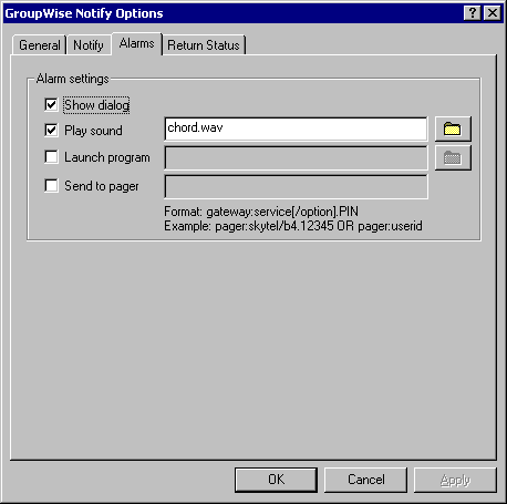 Notify Options dialog box with the Alarms tab open