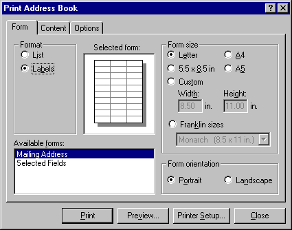 Print Address Book dialog box